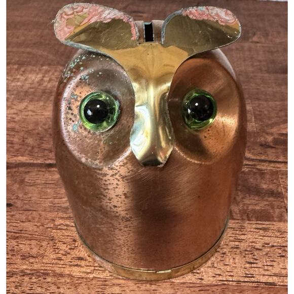 Vintage Coppercraft Guild Owl Bank Copper & Brass Glass Eyes 4" x 3" - Picture 1 of 5